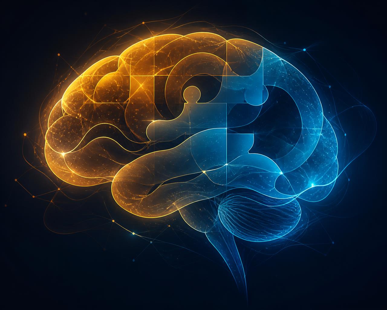 Illustration of a brain made of glowing puzzle shapes